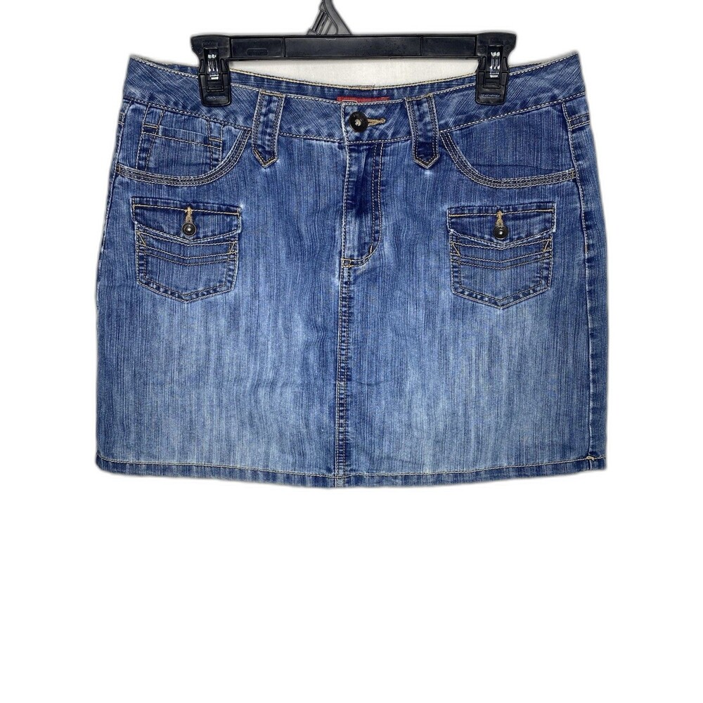 Faded Glory Denim Mini Skort Women 10 Vintage 90s Jean Button Pockets Skirt Blue